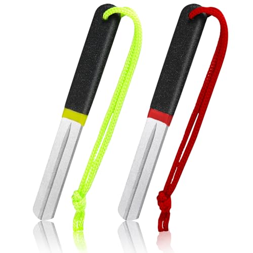 Skylety 2 Pcs Hook Sharpener Hook File for Fishing Diamond File with Handle Portable Double Sided Fine and Medium Grit for Fishing (Light Green and Red)