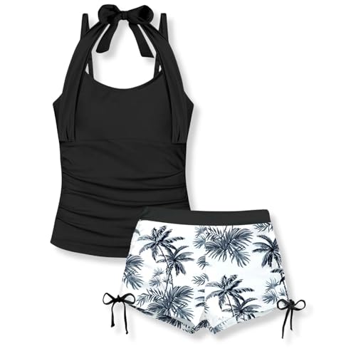 Image of Size 7-16 Years Girls Slim Fit Swimsuit 2 Piece Halterneck Tankini Swimsuit Drawstring Printed Swim Shorts