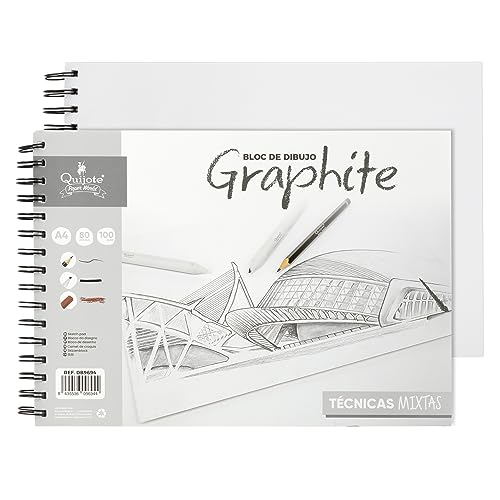 Quijote Paper World Bloc de dibujo Graphite, técnicas mixtas A4 Liso 100gr 80 hojas - Para bocetos a lápiz, carboncillo y...