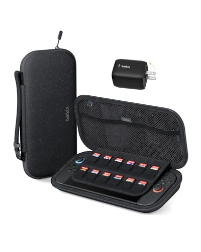 Image of Belkin Gaming Travel Bag Carrying Case (Charcoal) w /Hard Shell + Dual USB C Wall Charger 65W w /GaN Technology Bundle for Nintendo Switch 2 & More - Travel Essentials w /AirTag Holder & Game Storage