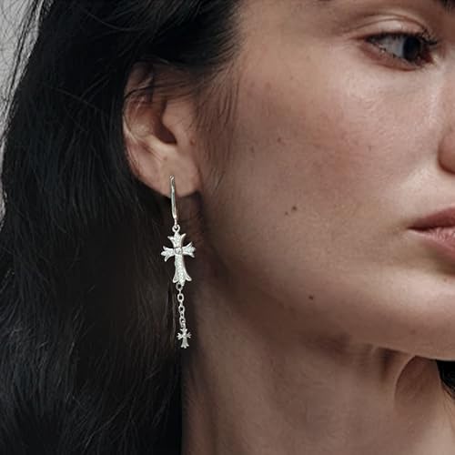 Double Cross Earrings, 925 Sterling Silver Stud Diamond Cross Drop Dangle Tassel Earrings for Women Men, Christian Hypoallergenic Punk Goth Jewelry Gift3