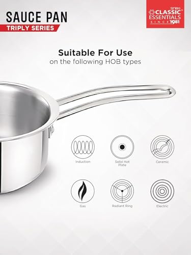 Image of Classic Essentials Triply Stainless Steel Saucepan (16cm, 1500ml) | Stove & Induction Cookware | Heat Surround Cooking | Easy Grip Handles | Steel Tea & Milk Pan with Handle | Steel Patila
