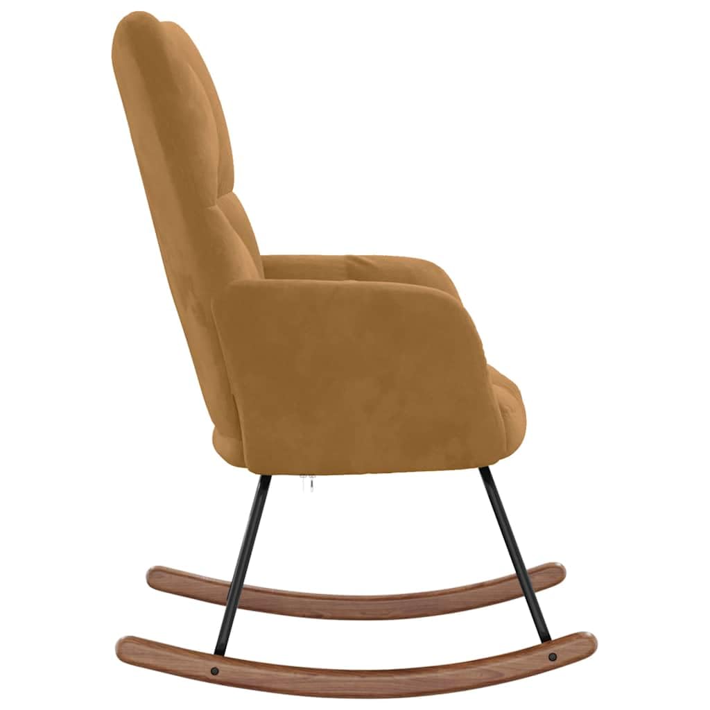 Schaukelstuhl Braun Samt, Moderner Relaxstuhl mit Polsterung und Holzkufen, Eleganter Wippstuhl mit Quadrat-Steppung, Bequemer Polstersessel für Wohnzimmer & Schlafzimmer