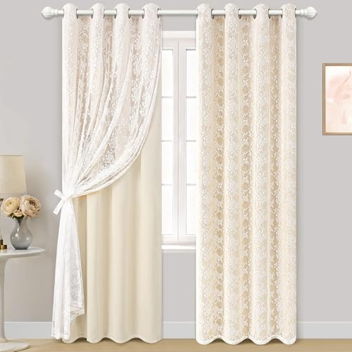 Image of Yinhua Blackout Curtains for Bedroom Double Layer Beige Curtains for Living Room 84 Inches Long Nursery Curtain with Tiebacks, Thermal Insulation Grommet Drapes for Toddler, 52 inch W x 84 inch L