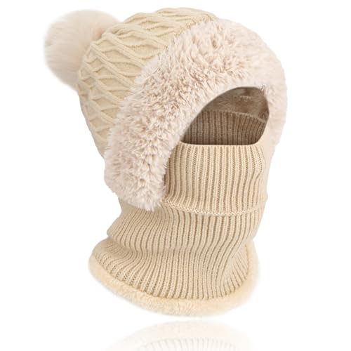 Image of TAGVO Women Winter Knit Hat Scarf Set, 3-in-1 Multifunction Windproof Thermal Elastic Snood Hood Beanie with Loop Scarf in Soft Fleece Linning, Ladies Pom-pom Hat Balaclava Face Ski Mask Beige