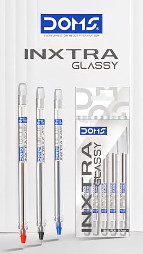 Image of Doms Inxtra Glassy 0.7mm Ballpen-Pack Of 5 Pens | Blue Ink| Transparent Clear Body| Comfortable Grip For Smooth & Long Writing| Non-Fading & Smudge Free, Quick Dry, Lightweight, Pocket Clip
