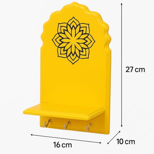 Image of Globally Indian Engineered Wood Keys Holder for Wall with Shelf | Mandala Design Key Stand Organizer for Home Entrance | Decorative Key Hanger for Wall, Entryway, Living Room | Floating Shelf (Yellow)