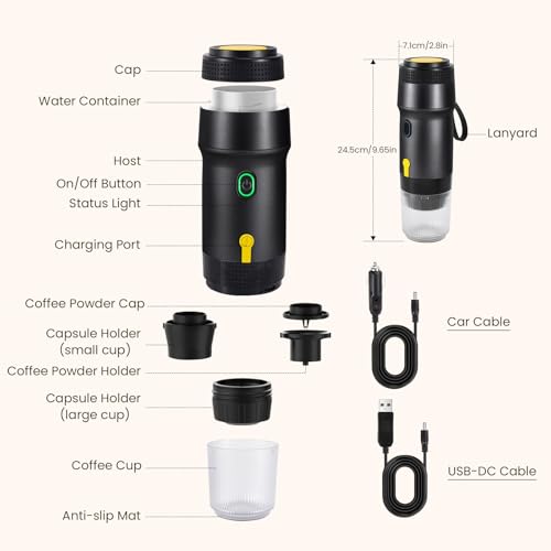 LAMA Portable Espresso Machine, 3 in 1 Electric Travel Coffee Maker, 4-5 min Self-Heating, Large Capsules, Small Capsules, Ground Coffee for Camping, RV, Office, Home, Car Black - Image 8