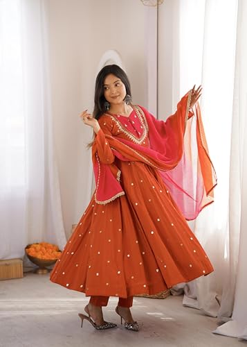 Image of Women Elegant Embroidered Sequence Anarkali Three Piece Set with Real Mirror Designer Work | Women's Premium Flared Ethnic Suit Set with Kurta, Bottom & Dupatta Orange