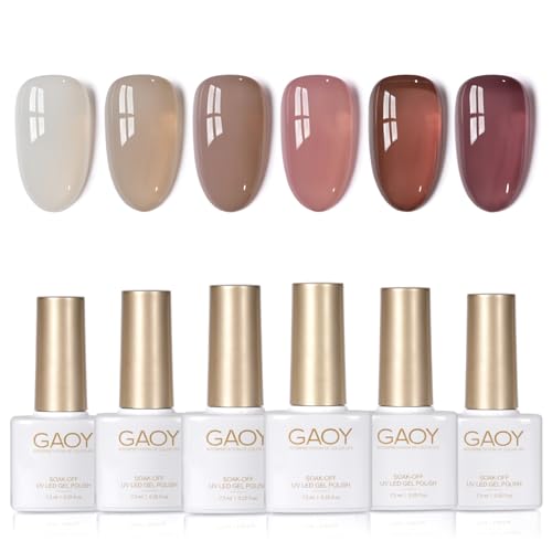 Image of GAOY Jelly Brown White Gel Nail Polish Set, 6 Translucent Colors Sheer Pink Maroon Soak Off UV Light Cure Gel Polish Kit for Salon and Nail Art DIY at Home