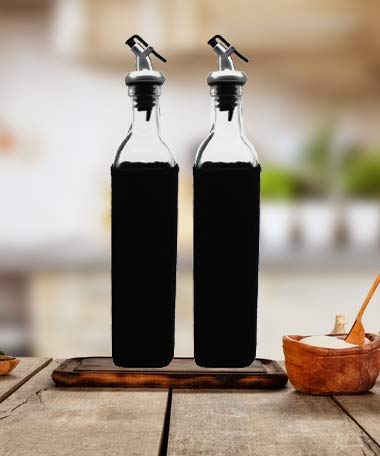 Glass Oil Dispenser with Anti Slip Covers, Vinegar Dispenser, BPA Free, Salad Dressing Cruet Glass Bottle Olive Oil Bottles Dispenser with Black Cover, 500 ML Each, Pack of 2-image-42