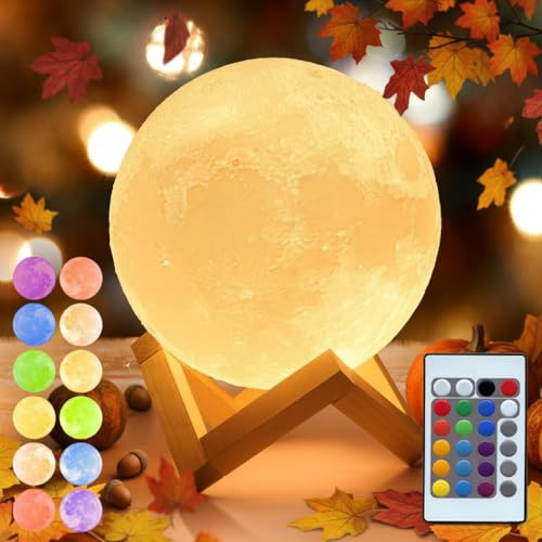 Mydethun16 Colors LED 3D Moon Lamp with Wooden Stand, 4.7 inches - Remote Control, USB Charging, LED Night Light Lamp for Kids, Girls, Bedroom, Home Decor, Gifts Women Christmas New Year Birthday