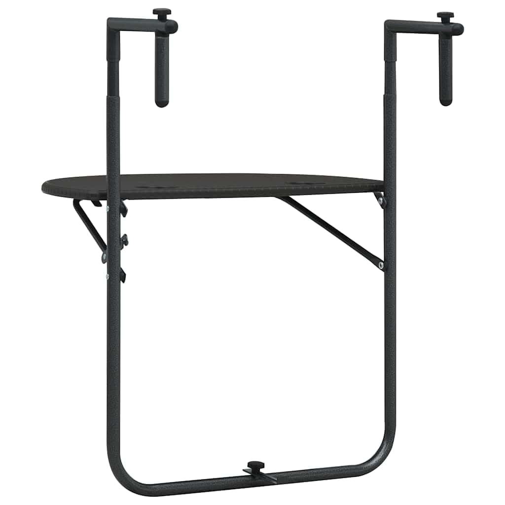 Table suspendue de balcon marron 60 x 64 x 83,5 cm en plastique aspect rotin, table d'appoint pliable avec structure en acier réglable en hauteur pour boissons et outils de jardin