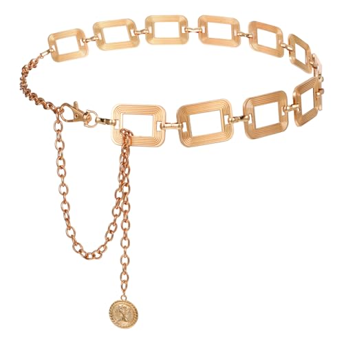 Waist Chain Belt, Metal Belt for Women, Chunky Belly Link Belt, Adjustable Stylish Square Body Link Belts, Stylish Belly Jewelry for Dresses Jeans(Gold)