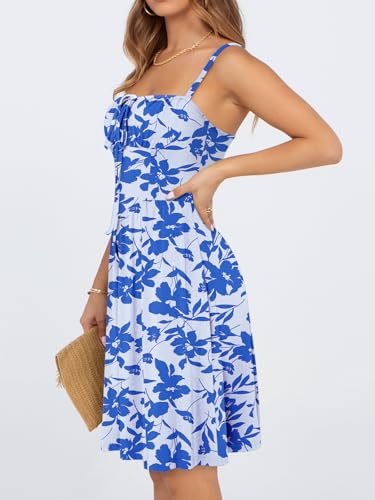 Image of YATHON Summer Mini Corset Sun Dress for Women Short Casual Square Neck Lace Up Floral Beach Vacation Dresses with Pockets
