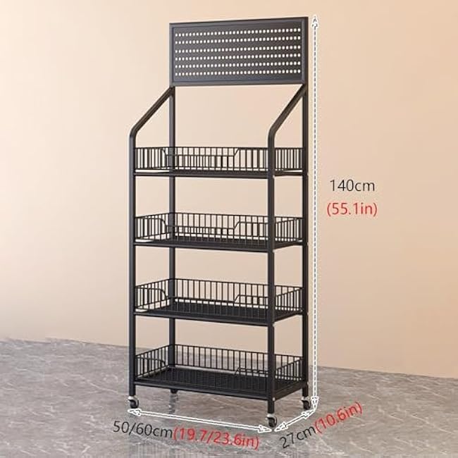 Storage Cart For Variety Applications 4-Tier Carbon Steel Storage Trolley With Hole Board Snacks Fruit And Vegetable Basket Kitchen Storage Cart Display Stand Bathroom Kitchen(Black-50X27X140Cm)-yxvPMsoj