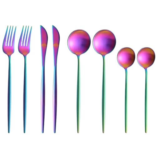 Image of aDai Rainbow Silverware Set | Satin Finish 8-Piece Stainless Steel Flatware Set | Dishwasher Safe Cutlery for Home, Restaurant & Gifting