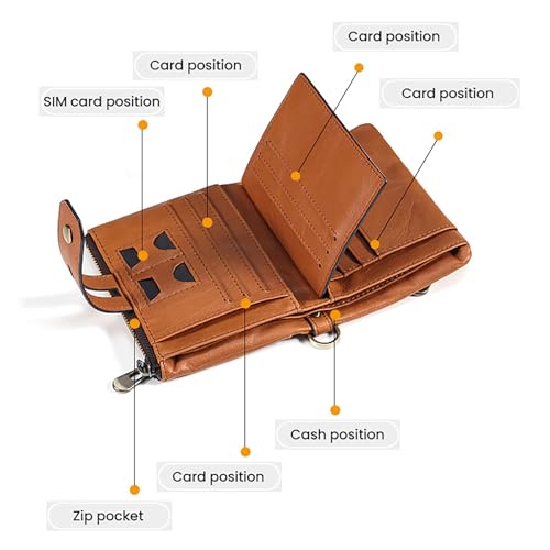 Cabailt Mens Wallet with Chain Genuine Leather Purse RFID Blocking Bifold Double Zipper Coin Pocket(Black)4