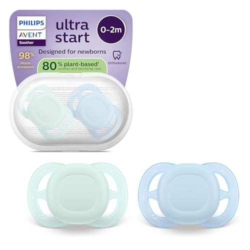 Philips Avent Sucettes ultra start - Orthodontiques, pour nouveau-nés, tétine souple symétrique en silicone, sans BPA, avec étui de stérilisation, lot de...