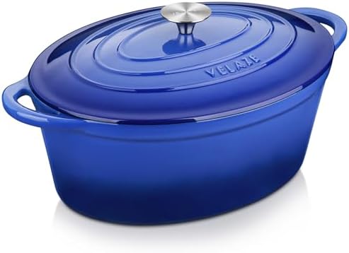 Velaze 7.5 QT Enameled Oval Dutch Oven Pot with Lid, Cast Iron Dutch Oven with Dual Handles for Bread Baking, Cooking, Frying, Non-stick Enamel Coated Cookware（Blue)