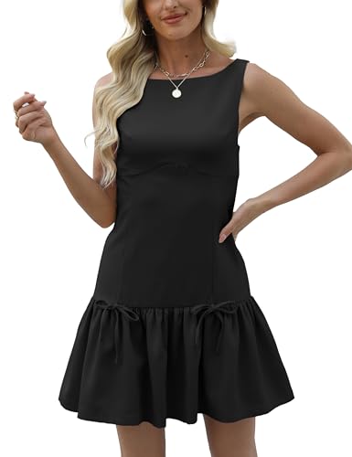 Womens Sleeveless Pleated Dress Girdling A Line Solid Color Pullover Round Neck Bow Zipper Back Mini Dress3