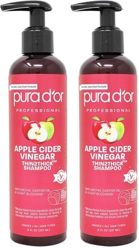 PURA D'OR Apple Cider Vinegar Thin2Thick Shampoo (8oz) Biotin, Castor Oil for Reduced Frizz, Split Ends, Clarifying & Detox, No Parabens, No Sulfates, All Hair Types, Men & Women (Pack of 2)