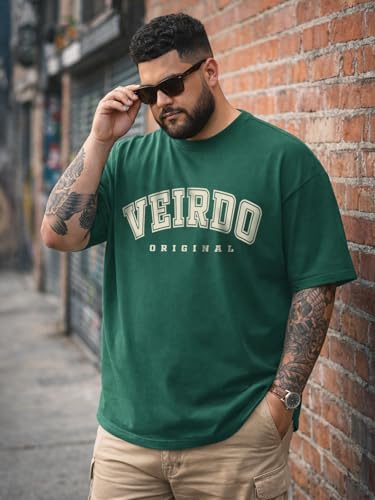 Image of Veirdo 100% Pure Cotton Oversized Fit Drop Shoulder Aesthetic Front Chest Typo Graphic Printed T-Shirt for Men (Sizes : 2XL to 5XL)