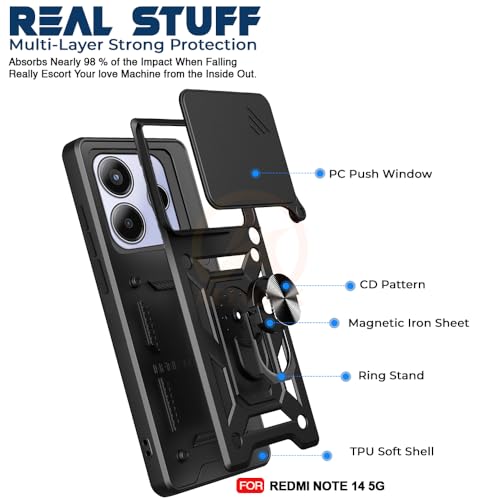Image of Armor Bumper Back Cover Case for REDMI Note 14 5G Rotating Camera Cover, Ring Holder & Kickstand | Heavy Duty & 360 Degree Protection REDMI Note 14 5G Back Cover (Black)