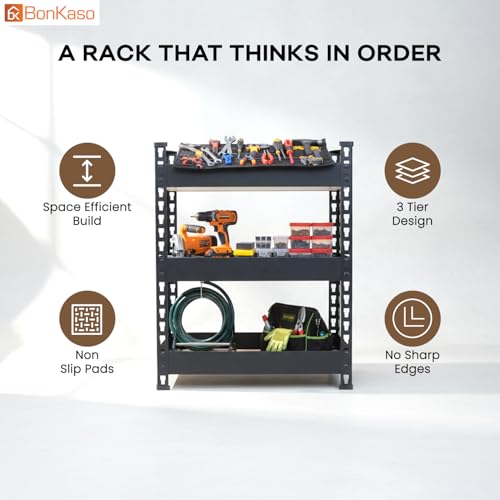 Image of Bonkaso 3 Tier Multipurpose Storage Rack for Kitchen & Bathroom | Countertop Organizer Basket Stand | Large Space-Saving Metal Storage Shelf for Home & Office | Black | 60x36x69 cm