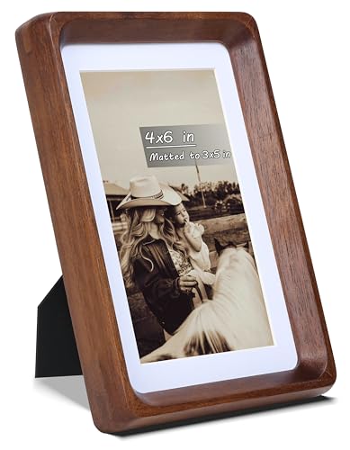 Image of 4x6 Picture Frame with Mat for 3x5, USA-Sourced Natural Walnut Wood Handcrafted Rounded Corner with Real Glass, Vertical or Horizontal Display Photo Gallery Wall & Tabletop Frame