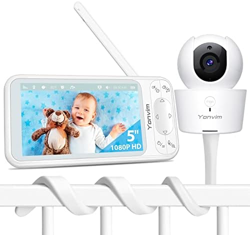Yonvim Baby Monitor 1080P 5" HD, Video Baby Monitor with Camera and Audio, 5000mAh Battery, 2 Mounts, No WiFi Needed, Night Vision, Long Range, 2-Way Talk, Remote Pan Tilt, Temperature Sense, 4X Zoom