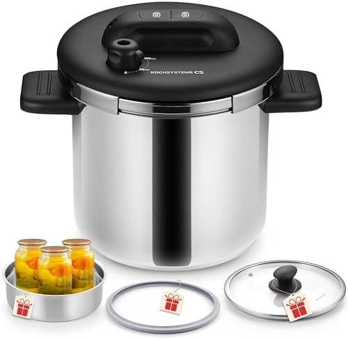 Close-up view of the pressure cooker pot and lid assembly.