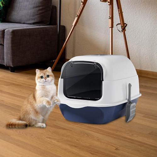 Cat Litter Box with Lid, Hooded Kitten Potty Tray Cat Toilet Enclosed and Covered Cat Toilet Pet Litter Box with Cat Litter Shovel, Blue with Lid