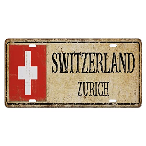 Country Souvenir - Funda para matrícula rústica vintage, novedad, etiqueta de coche, regalo de vanidad con 4 agujeros, ciudad capital de Suiza, Zurich, placa de aluminio para coche para hombres, mu