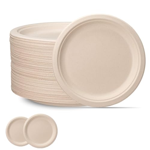 100 Assiettes en Carton Kraft,7 Pouces assiettes en bagasse Biodégradable,Compostable Vaisselle Jetable Canne à Sucre assiettes en Papier pour Fêtes,Pique-niques,Maison les Aliments Chauds et Froids