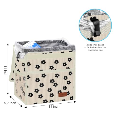 Image of Femuar Leak Proof Car Trash Can with Lid, Collapsible Hanging Waterproof Car Trash Bag with Mesh Pocket for SUV Front Seat Headrest, Large /Beige Flower