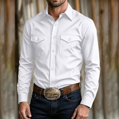 Men Western Shirt Solid Soft Long Sleeve Button Down Casual Work Shirts | Men western solid stretch shirt lapel long sleeve button big and tall shirts casual outdoor ranch travel wear - Image 3