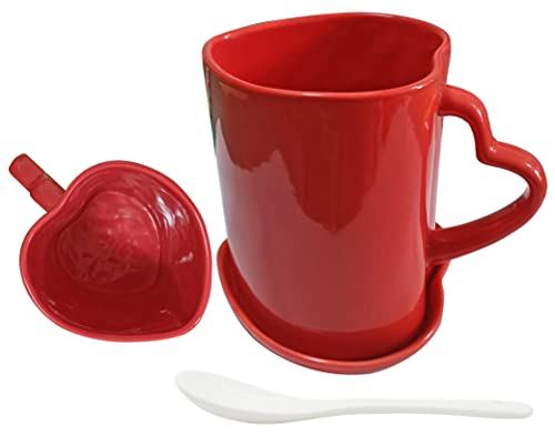 Red Heart Shaped Cup and Saucer Large Ceramic Coffee Mug 16.6oz Cute Cup Love Gift for Weddings Birthday Anniversary Mother's Day Valentines Day Home Decor for Couple Lovers (Red)