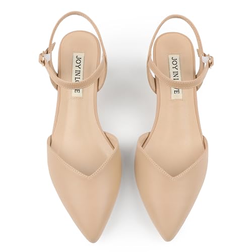 Image of JOY IN LOVE Women's Pointed Toe Kitten Heel Pumps, Ankle Strap Low Heel Work Dress Shoes