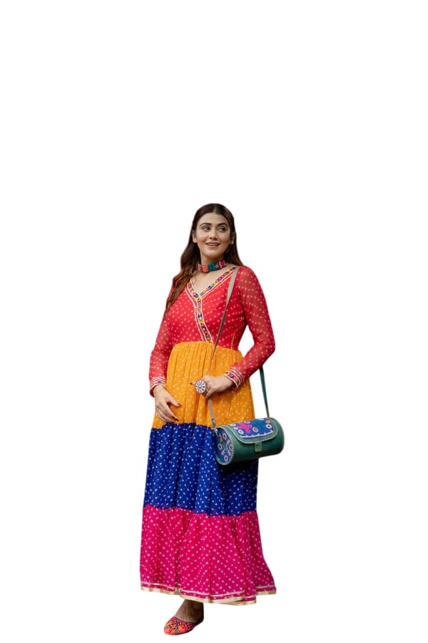Multicolour Bandhani Print Georgette Ruffle Gown with Mirror Work-image-32