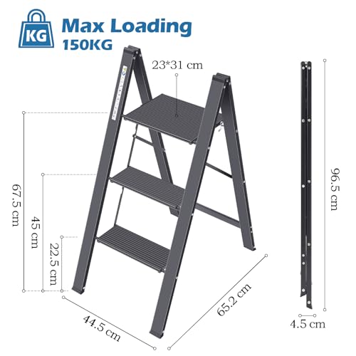 KINGRACK Stufenleiter, Trittleiter 3 Stufen, Klapptrittleiter mit Handlauf, rutschfeste Haushaltsleiter mit Klappsicherung, Aluminium Tritthocker Schwarz