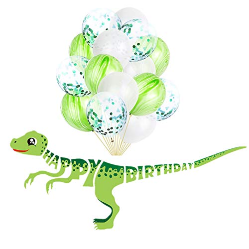 Tellpet Dinosaur HAPPY BIRTHDAY Banner with 15 pcs Confetti Balloons Party Decorations Supplies Backdrop for Kids Boys, Green