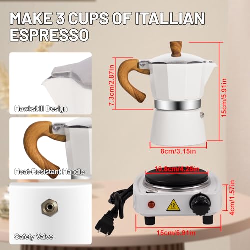 Image of 2-in-1 Moka Pot Espresso Set with Electric Stove 3 Cup Aluminum Stovetop Coffee Maker Percolator Italian Classic Mocha Coffee Machine for Italian and Cuban Cafe Brewing Portable Camping Travel