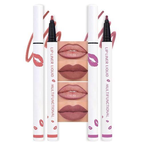 Image of 2Pcs Longwear Liquid Lip Liner Stain Marker Pen Set Long Lasting Waterproof, Maroon Dusty Mauve Purple Matte 24 Hour Lip Liner and Lipstick Combo Korean Color Stay Lipliner All Day Lips Stain peel off