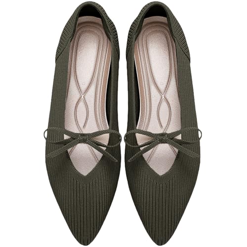 Image of TINGRISE Women's Pointed Toe Flats Comfortable Knit Ballet Shoes Washable Dressy with Bow Business Casual Work Shoes
