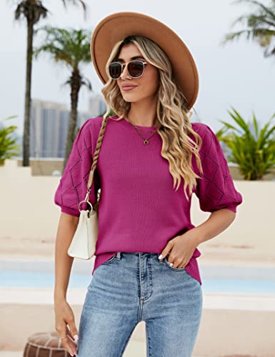 Image of Womens Short Sleeve Sweaters Crewneck Knit Pullover Tops 2025 Summer Casual Lightweight Crochet Blouse Shirt