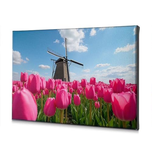 Toile de tulipes roses 30x40 cm avec moulin pour décoration de Pâques