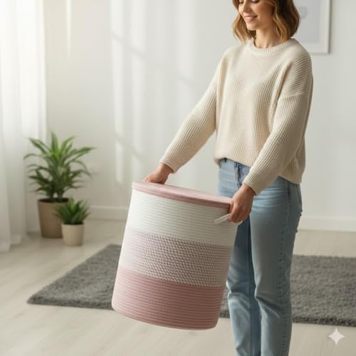 Image of lid Laundry Basket for Clothes, Toy Storage Basket, Storage Basket for Living room, Multi-Purpose, Extra Large Laundry Basket, Dirty Cloth Baskets, 15x20 in inch (LXH) (BG4)