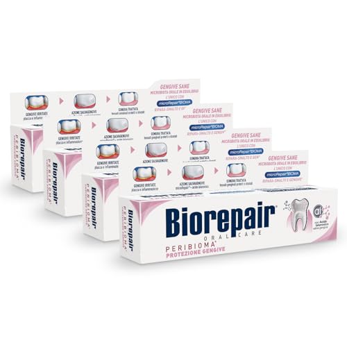 Biorepair, Dentifricio Protezione Gengive Peribioma, 4 Confezioni da 60 ml, Combatte e Previene Problemi Gengivali, con Probiotici, Acido Ialuronico Idratante, Calendula e Spirulina, Senza Fluoro