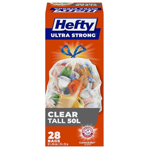 Hefty Ultra Strong 50L Transparent Recyclage, Cordonnet, Neutralisant Arm & Hammer, 28 Sacs